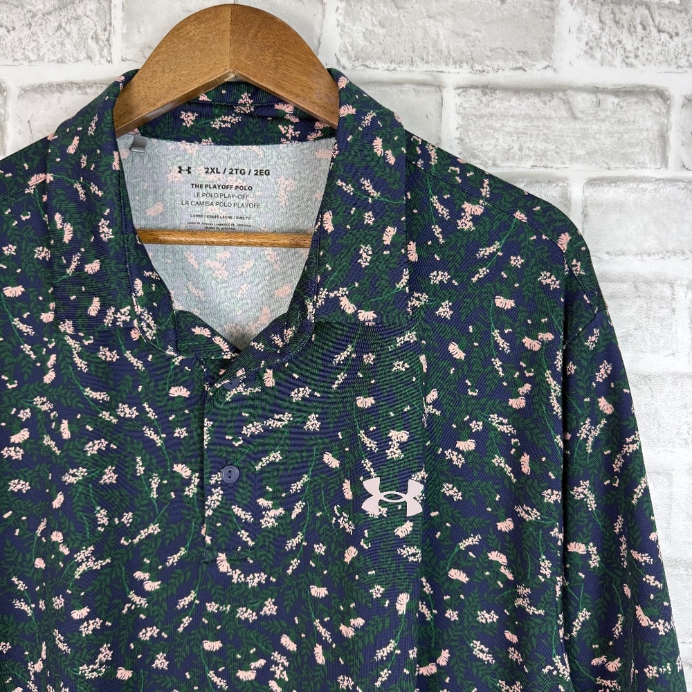 Under Armour The Playoff Polo Navy Floral AOP Performance Golf Polo Mens 2XL